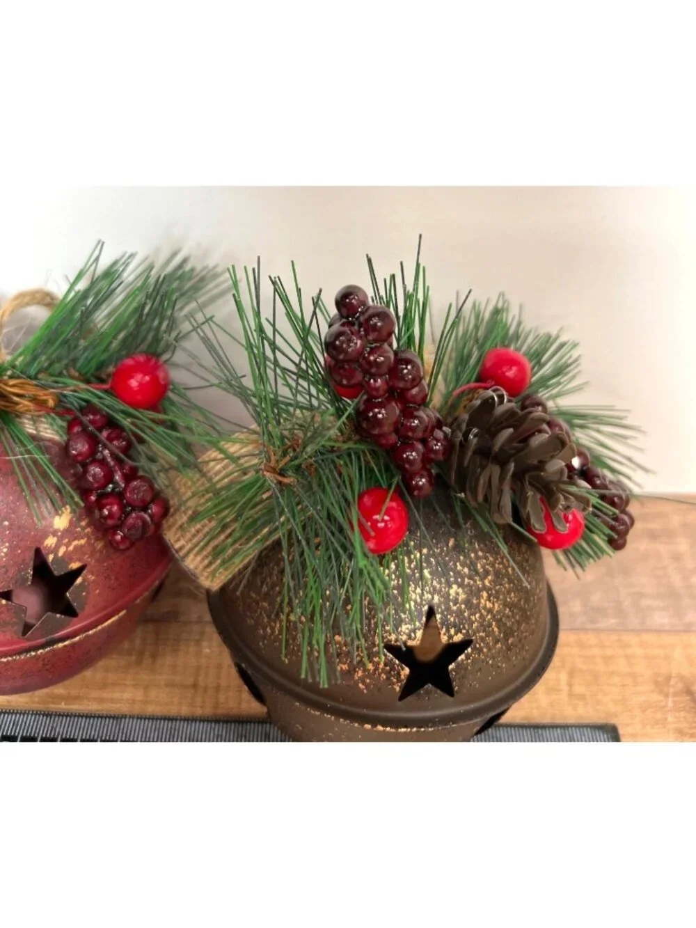 Set Of 3 Holiday Jingle Bells Pinecone Berry & Pine Rustic Red Green & Gold Fini